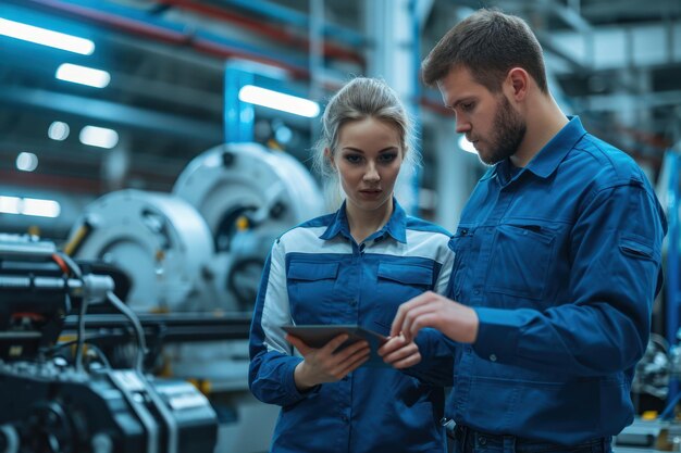 Deux jeunes ingénieurs parlant chemises bleues et blanches une tablette informatique robotique