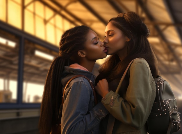 Photo deux jeunes lesbiennes afro-américaines s'embrassent tendrement.