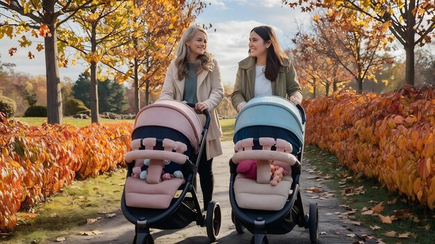 Photo deux jeunes mères marchant dans un parc d'automne avec des chariots