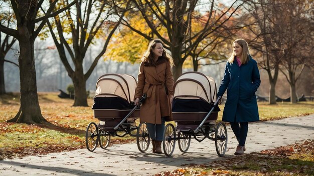 Deux jeunes mères marchant dans un parc d'automne avec des chariots