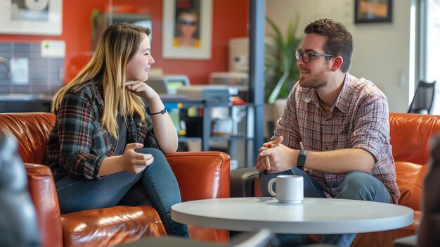 Photo deux jeunes professionnels qui ont une conversation dans un bureau moderne.