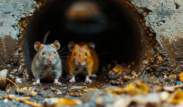 Photo deux jeunes rats regardent dans les égouts deux rats sont assis près des égouts dans la rue