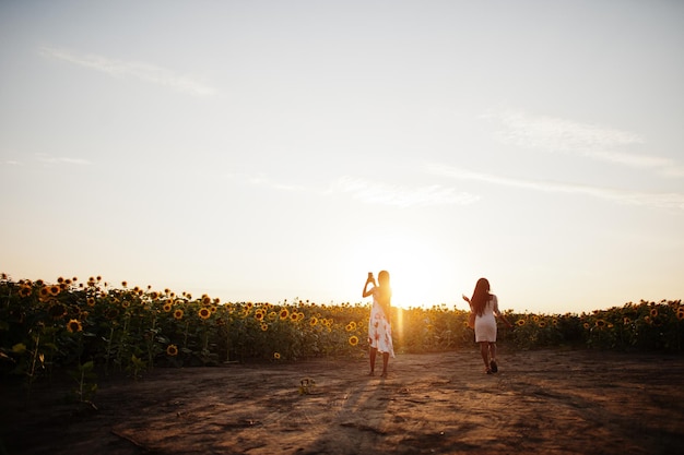 Deux jolies jeunes amies noires portent une robe d'été dans un champ de tournesols.