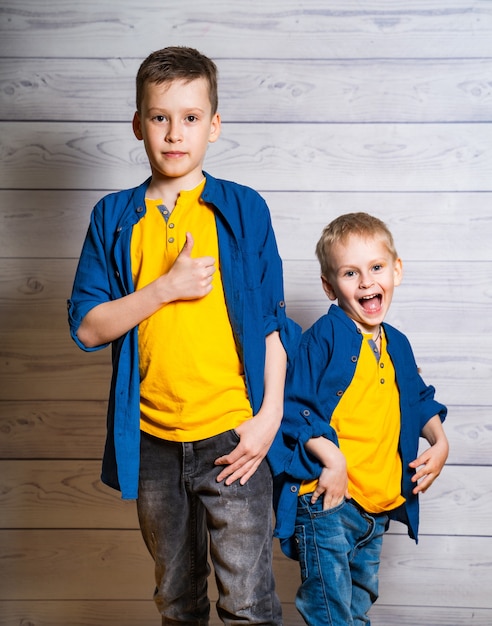 Deux jolis garçons en chemises bleues et t-shirts jaunes posant ensemble