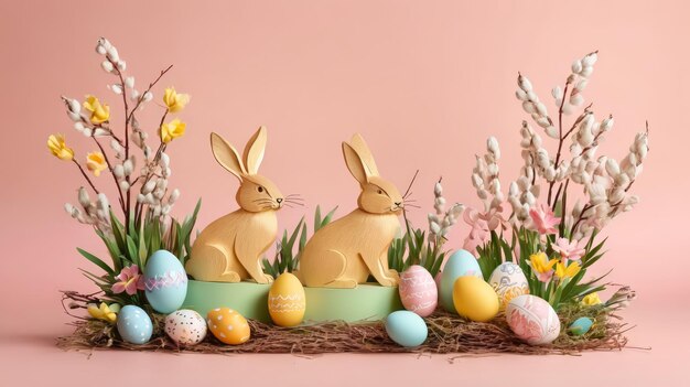 Deux lapins assis sur un bol rempli d'œufs