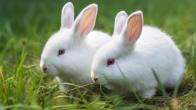 Deux lapins blancs dans l'herbe