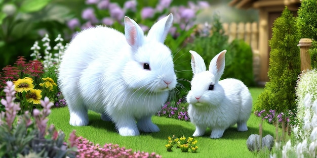 Deux lapins blancs dans un jardin fleuri Lapin marchant dans le jardin