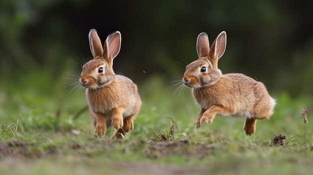 Deux lapins courant dans un champ