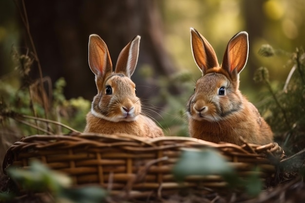 Deux lapins dans un panier avec un arbre en arrière-plan