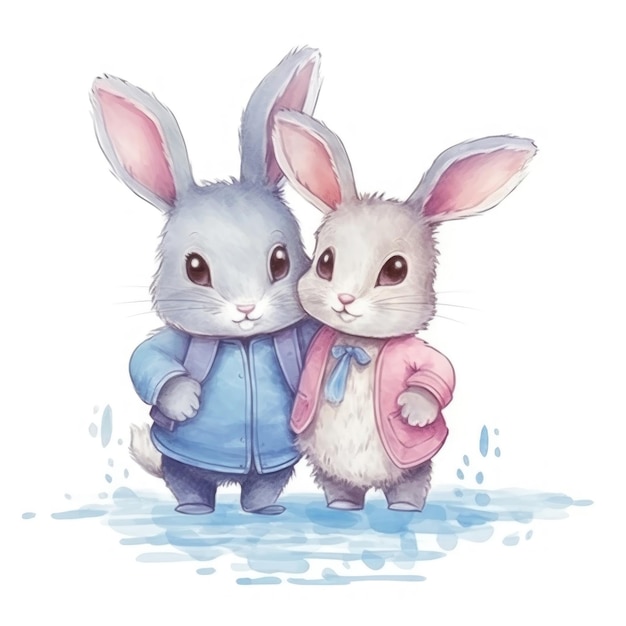 deux lapins dans un pull bleu et un pull rose se tiennent dans une flaque d'eau.