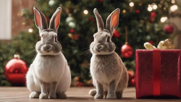 Deux lapins avec une décoration de Noël