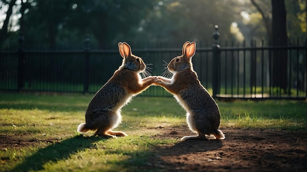 deux lapins jouent dans le parc au coucher du soleil le concept de l'amour et de l'amitié