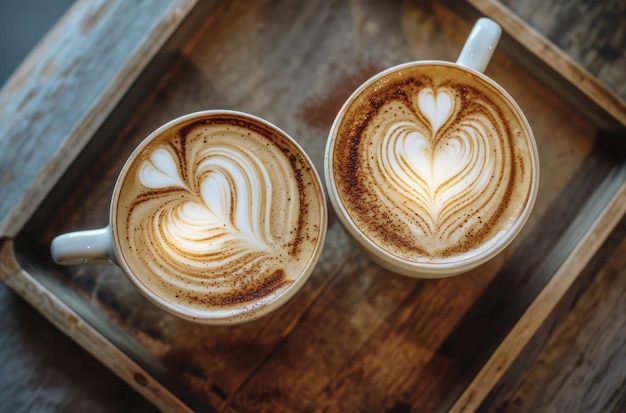 deux latte avec cœur art latte sur un plateau