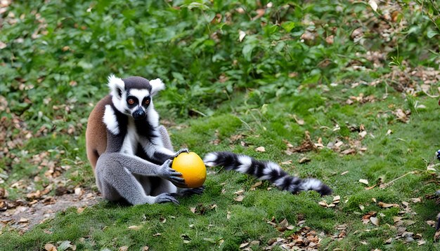 Photo deux lémuriens jouant avec une balle jaune