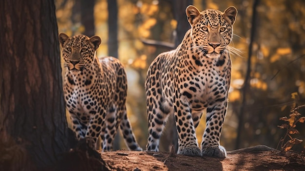 Deux léopards se tiennent sur un rocher dans la forêt