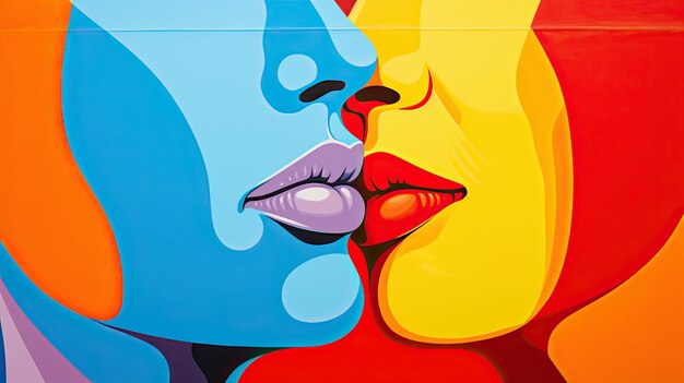 Deux lesbiennes s'embrassent passionnément dans le style du pop art