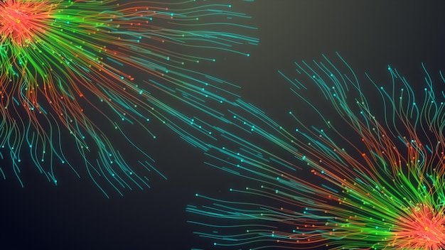 Deux lignes de particules colorées, lignes rougeoyantes et particules claires dans une animation sombre