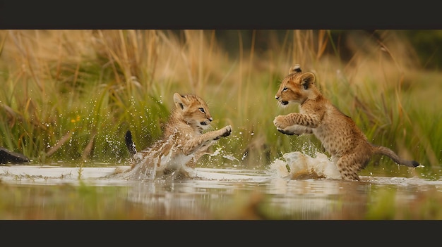 Deux lionceaux jouent dans l'eau. Ils sont tous les deux très heureux et ont l'air de s'amuser.