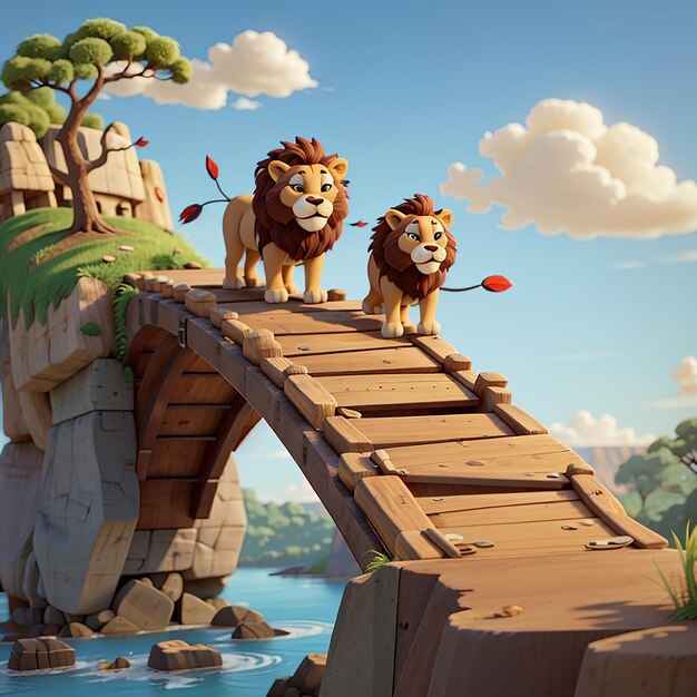 Photo deux lions en dessin animé qui traversent à tour de rôle un pont en bois sur une falaise.