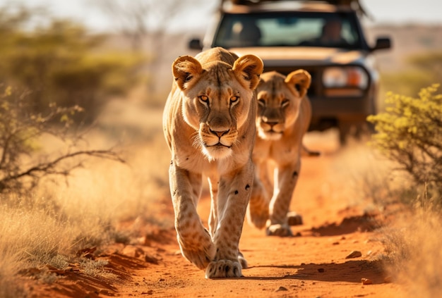 deux lions marchent au milieu et bloquent le véhicule