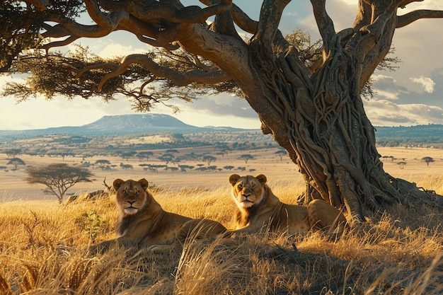 Photo deux lions sont allongés sous un arbre dans l'herbe