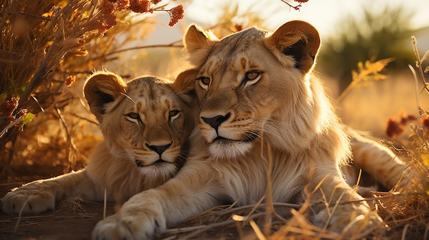 Deux lions toilettant Panthera leo en Tanzanie