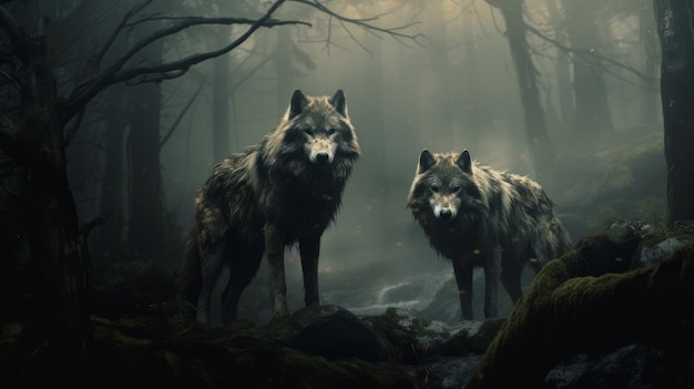 deux loups debout sur des rochers dans une forêt