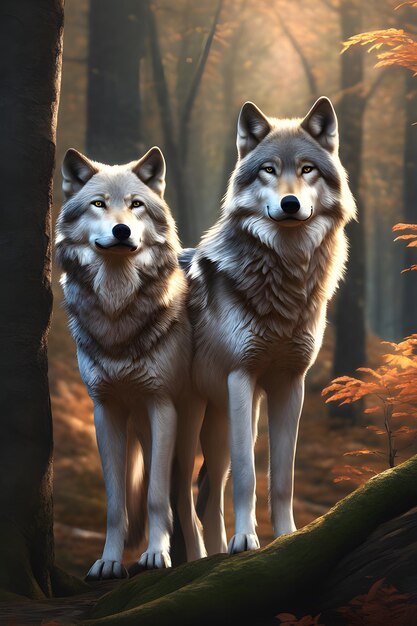 deux loups gris debout dans une forêt