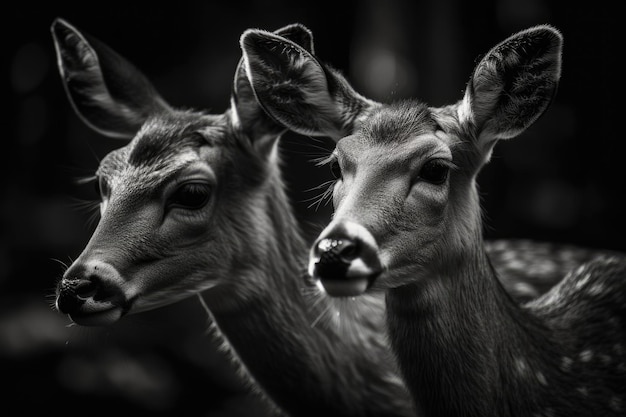 Deux magnifiques cerfs Bawean en noir et blanc sur un fond sombre