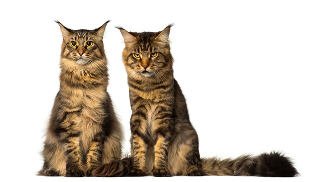 Deux Maine Coons assis et l'un d'eux boude