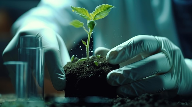 Deux mains dans des gants blancs tiennent une plante qui est plantée dans une pièce sombre.