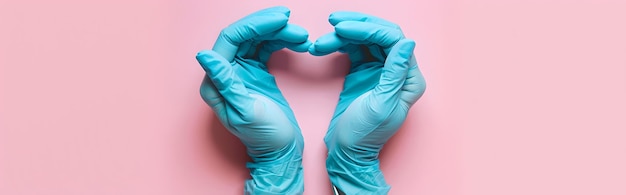 Deux mains dans des gants chirurgicaux teal formant une forme de cœur sur un fond rose Concept d'amour médical Parfait pour les thèmes de la santé AI