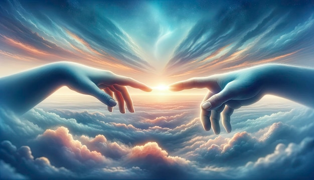 Deux mains dont les doigts se touchent presque sur un vaste ciel rempli de nuages doux capturant un moment de connexion et d'unité généré par l'IA