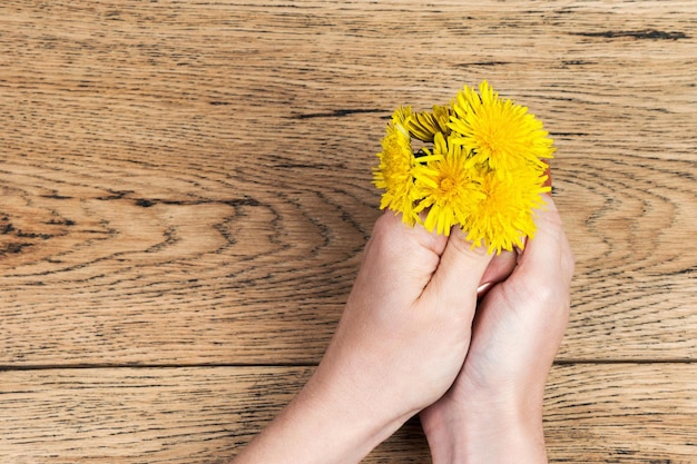 Deux mains féminines tenant un petit bouquet de pissenlits jaunes sur une vieille table en bois