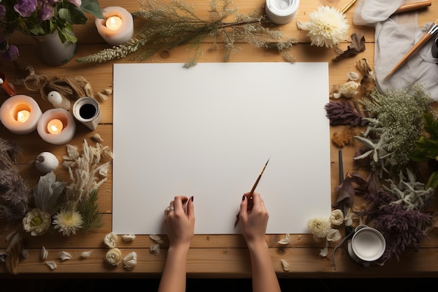 Deux mains sur une feuille de papier sur une table en bois Beaucoup de fournitures d'artisanat autour de lui