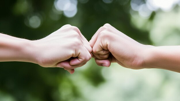 Photo deux mains forment un coup de poing avec l'une disant 