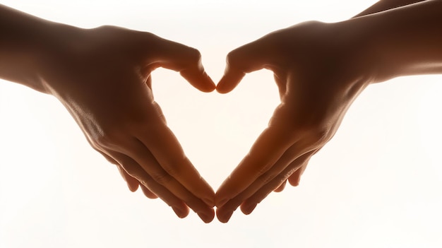Deux mains forment une forme de cœur sur un fond lumineux transmettant l'amour et la connexion