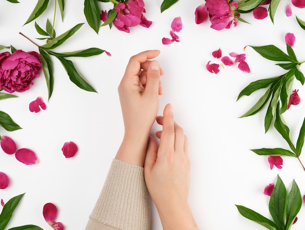 Deux mains d'une jeune fille à la peau lisse et un bouquet de pivoines rouges