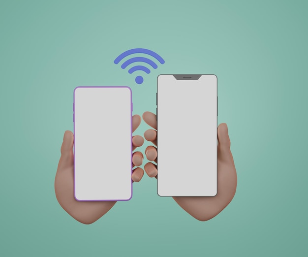 Deux mains minimales tenant un smartphone avec illustration de rendu 3D de l'icône WIFI