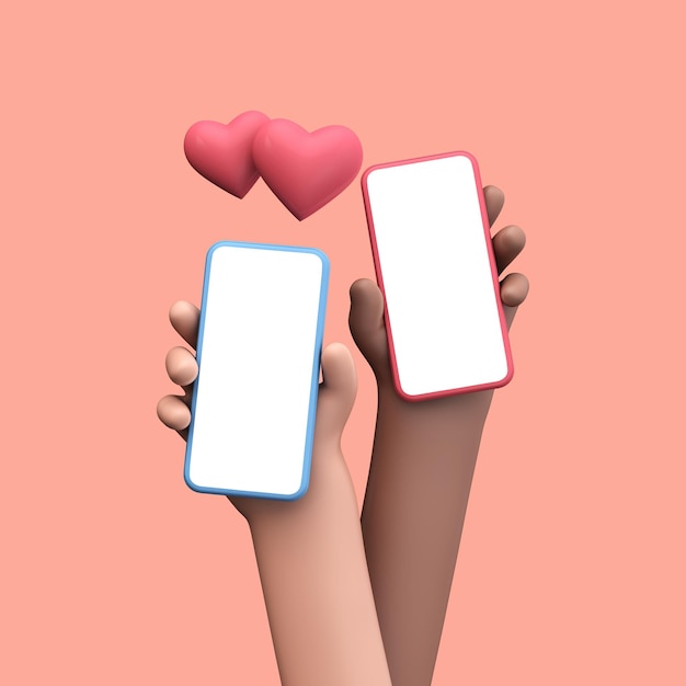 Deux mains avec des smartphones et des coeurs d'amour au-dessus. Concept d'application de rencontres. Rendu 3D.