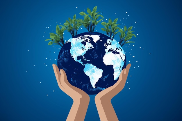 Deux mains tenant un globe avec une plante qui en sort.
