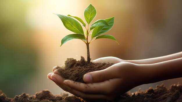 Deux mains tenant une petite plante sur un fond ensoleillé vert flou