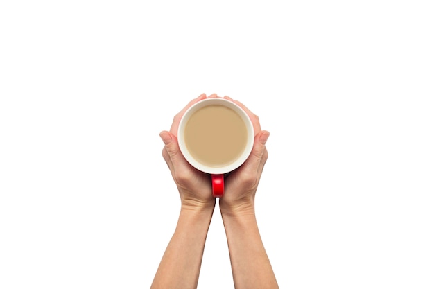 Deux mains tenant une tasse de café chaud sur fond isolé blanc. Concept de petit déjeuner avec café ou thé. Bonjour, nuit, insomnie. Mise à plat, vue de dessus