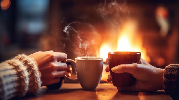 Deux mains tenant des tasses à café devant la cheminée