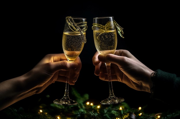Deux mains tenant des verres de champagne avec des feuilles et le mot champagne dessus