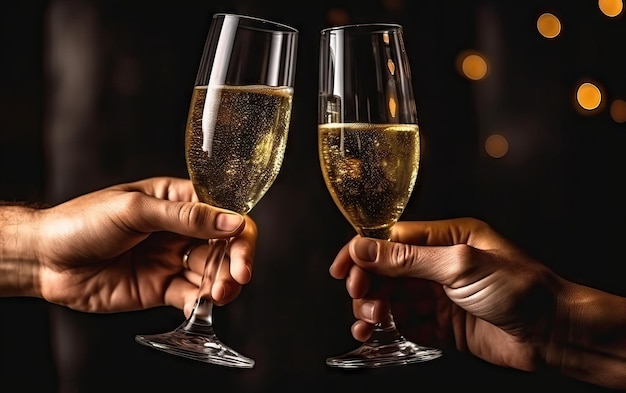 Deux mains tenant des verres de champagne sur le fond coloré Un couple amoureux boit du champagne