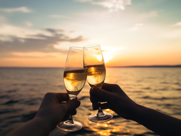 Deux mains tenant des verres de champagne sur le fond de la mer et du coucher du soleil