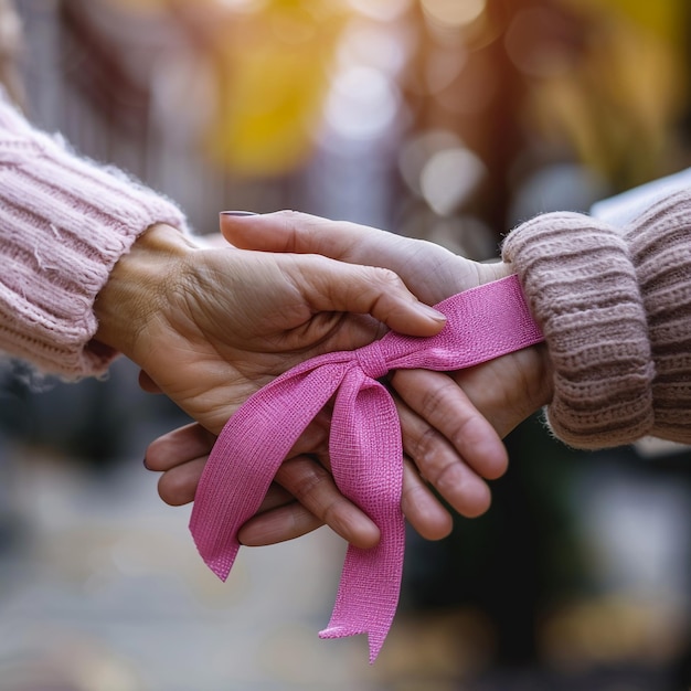 Photo deux mains avec l'une tenue par un ruban rose