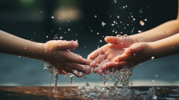 Deux mains tiennent de l'eau d'un robinet.