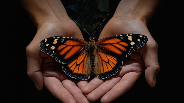 Deux mains tiennent un papillon avec le mot monarque dessus.